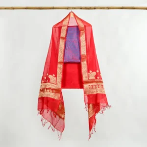 Red Blue Ladies Suit 3-piece (Kurta + Chunri + Pajama) Mulberry Silk